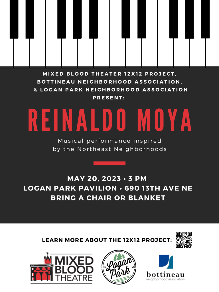 Event flyer.  Reinaldo Moya, Saturday May 20, 2023, 3pm at Logan Park.
