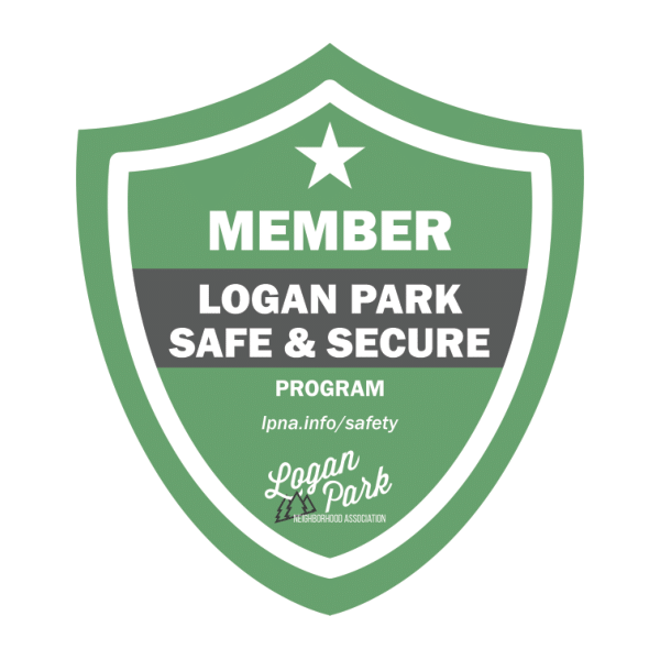 Shape of a Shield that says " Member Logan Park Safe & Secure Program"
