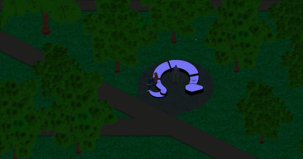 Rendering of Gathering Space Bench at night, with purple glow
